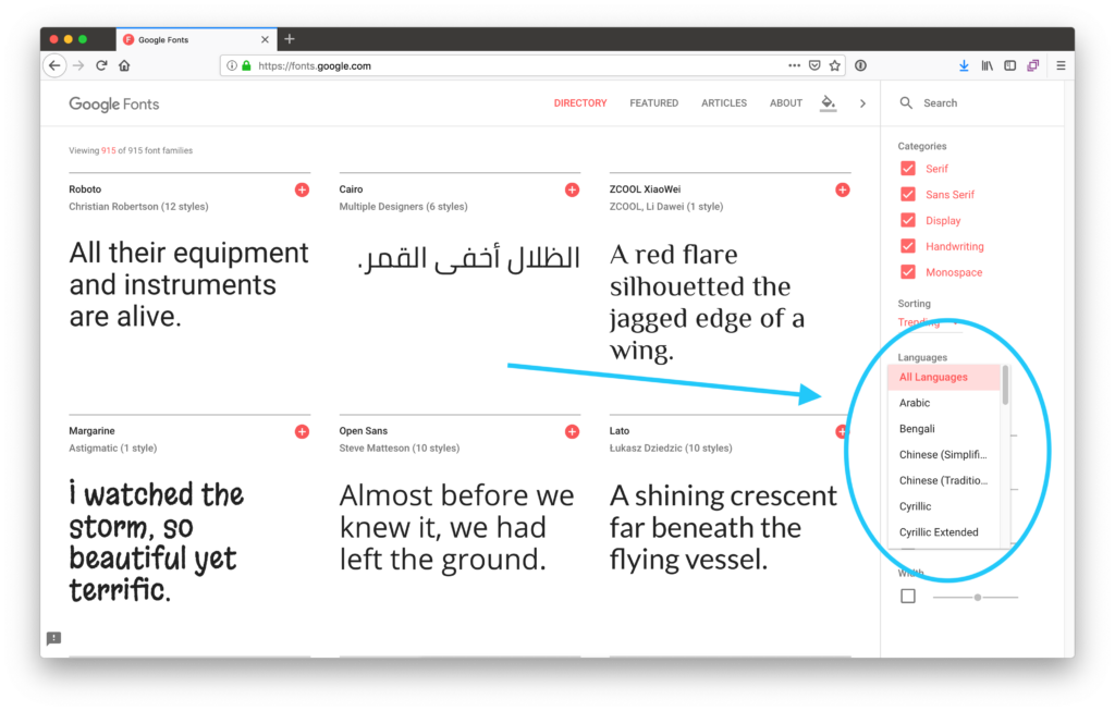 Google Font drop down menu for supported languages | Phrase