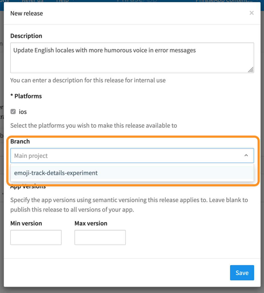 Selecting the right branch in the New Release dialog menu | Phrase