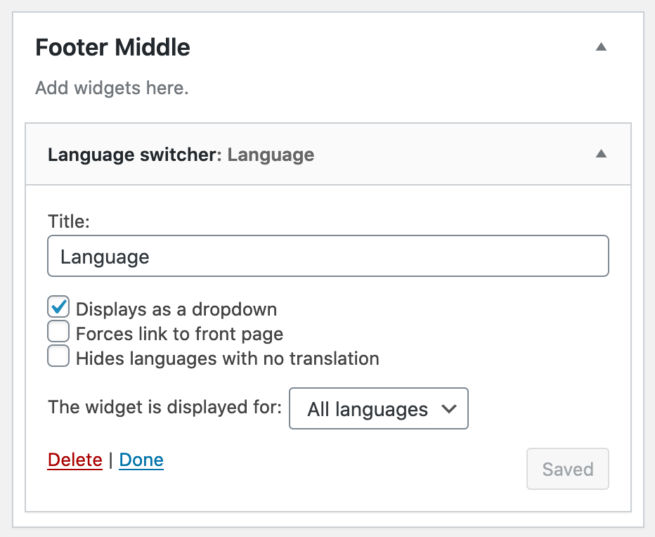 Language switcher settings in the Footer Middle section | Phrase