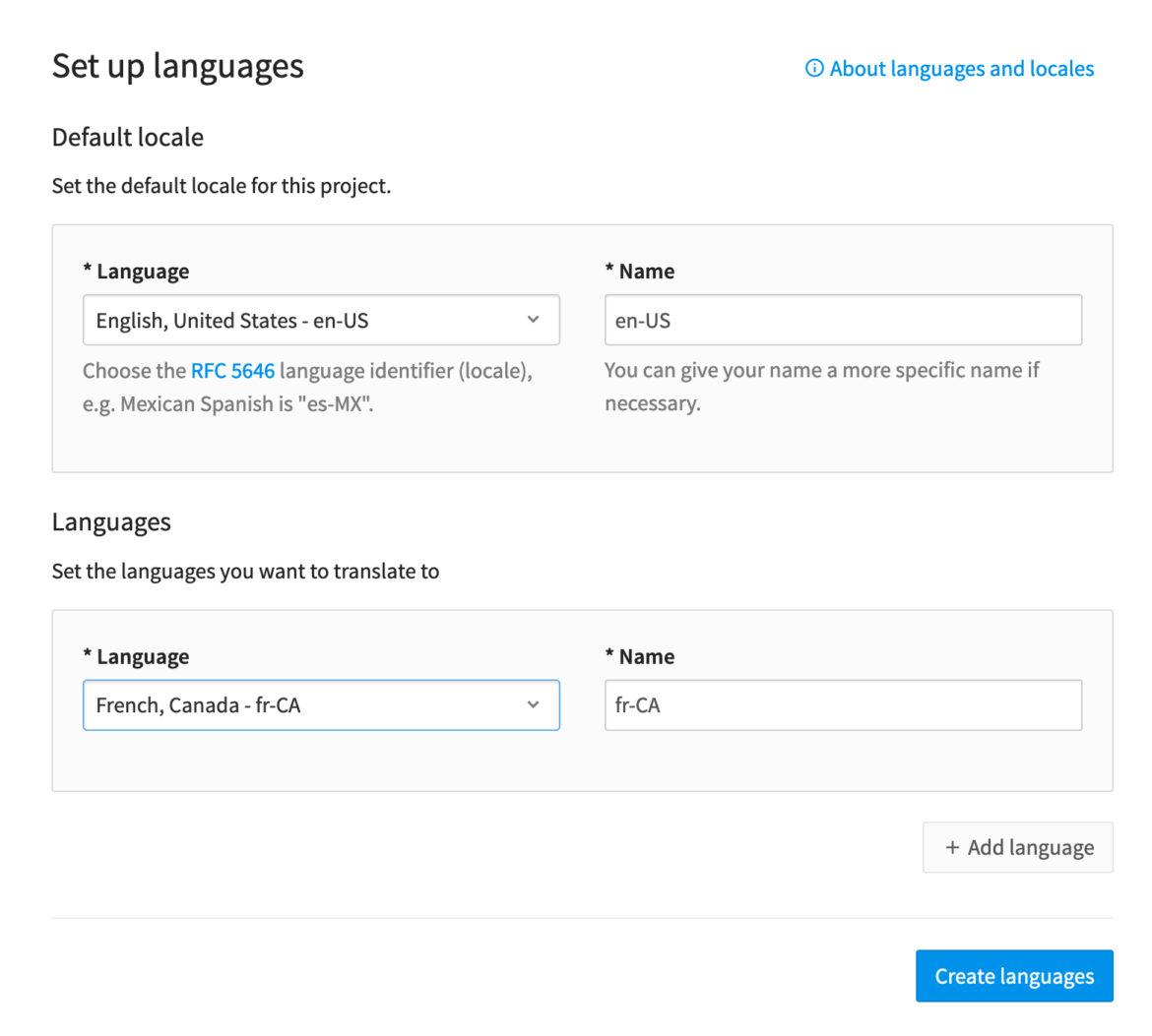 Set up languages dialog menu | Phrase