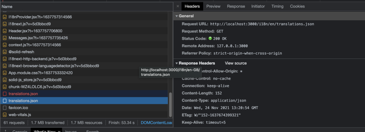 Network tab only loading the translation file | Phrase