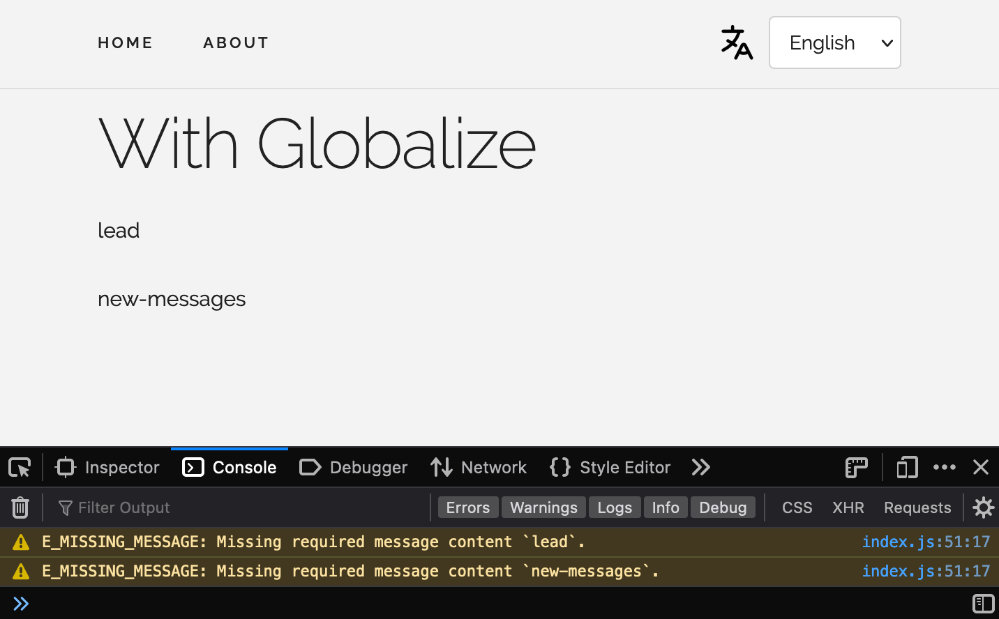 Globalize demo app with warning in code | Phrase