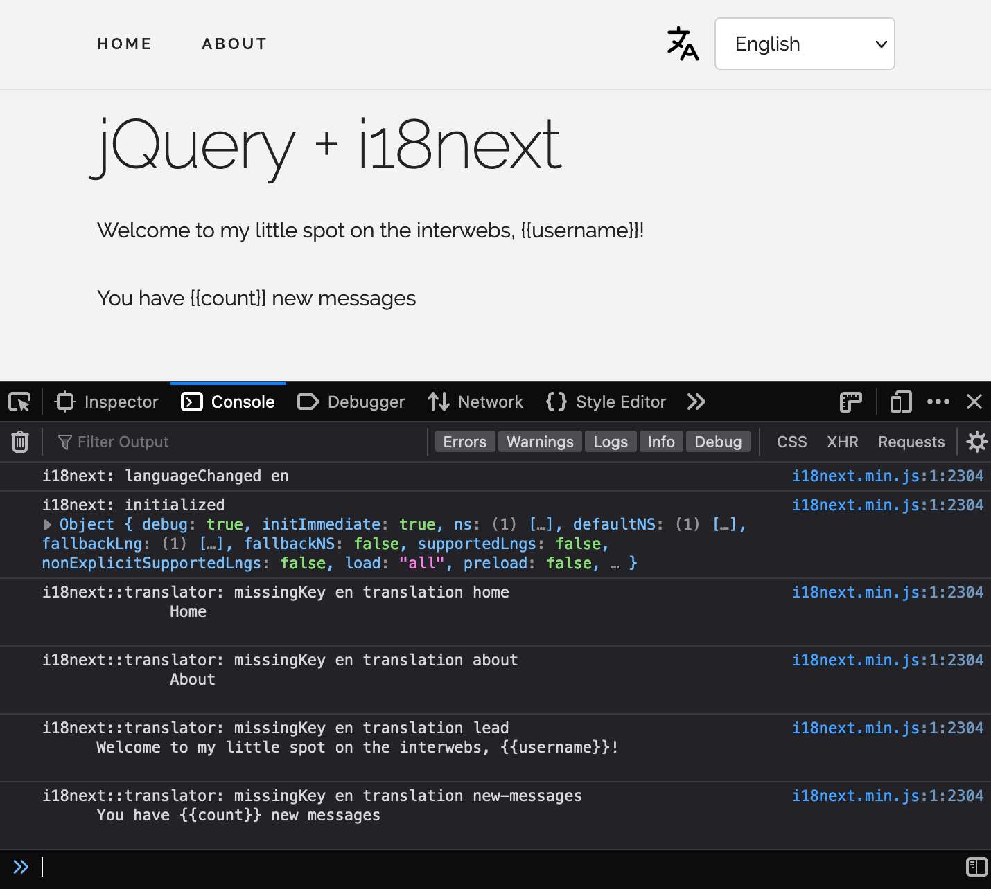 jQuery demo app with i18next library loaded English locale | Phrase