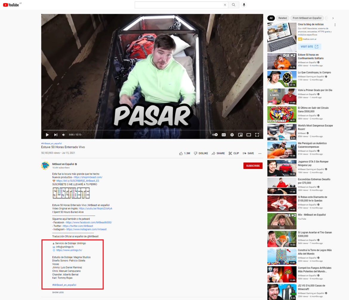 Screenshot of the description of one of MrBeast's videos localized in Spanish | Phrase