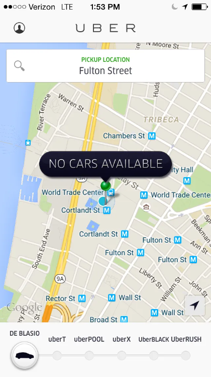 An Uber app screen showing no cars available in NYC | Phrase