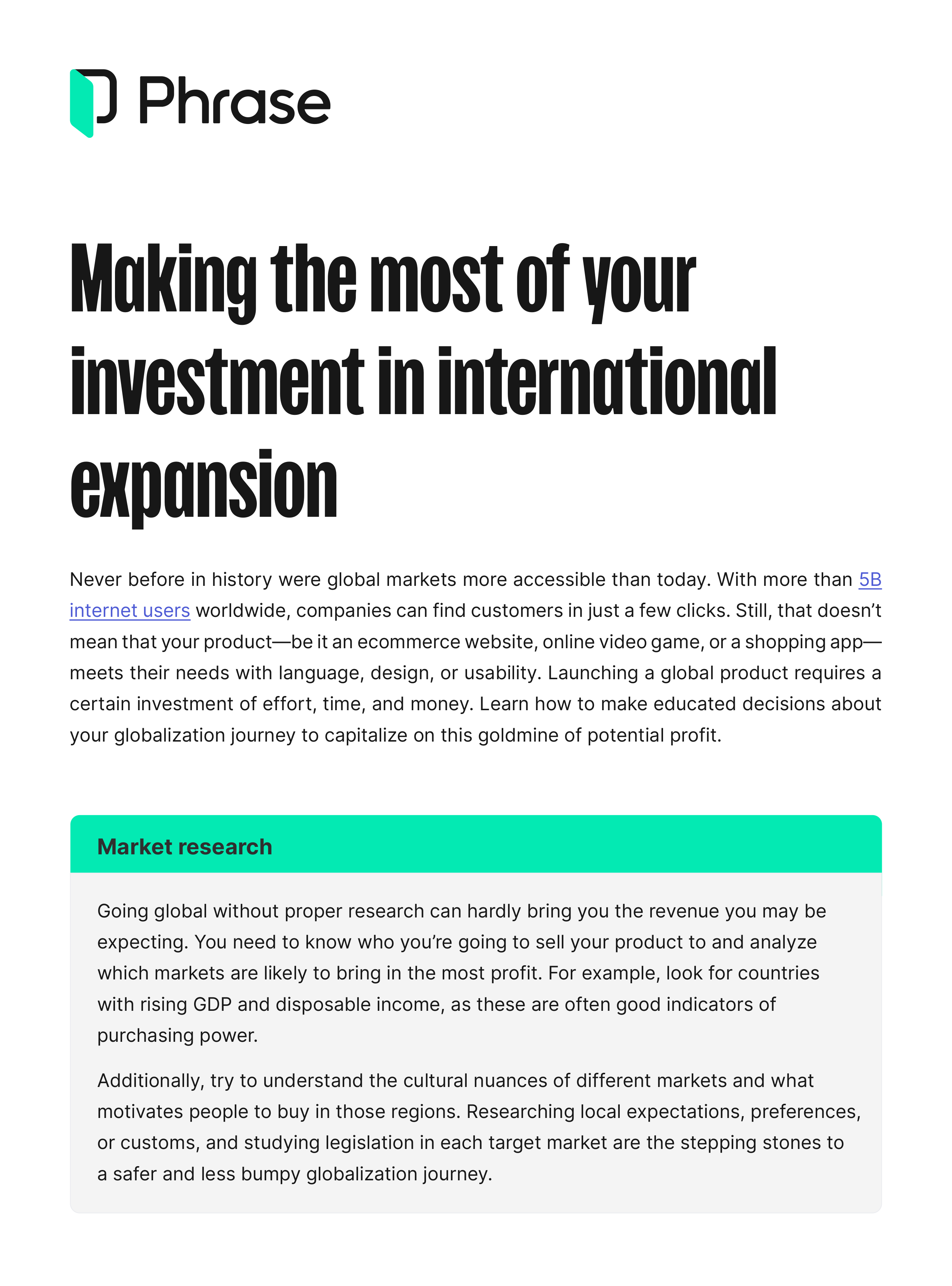 International expansion ROI guide cover | Phrase