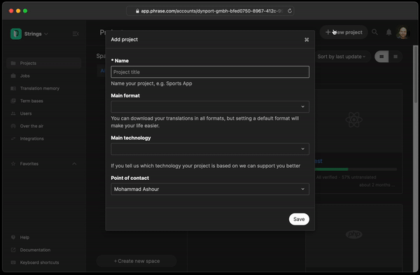 Creating a project in Phrase Strings | Phrase