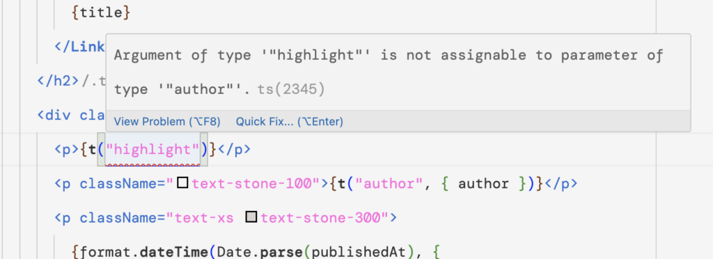 The TypeScript compiler catching an instance of using the t() function with the wrong key | Phrase