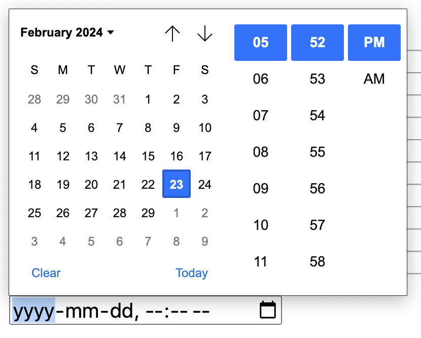 The Arc browser datetime-local picker.