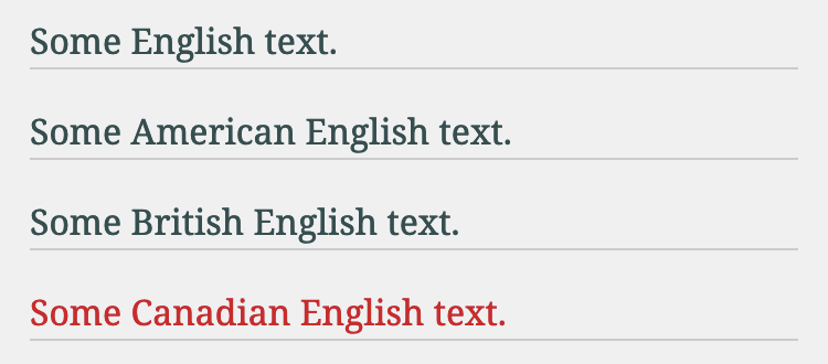 The :lang(en) selector targets specific English locales, such as en-US, en-GB, and en-CA.