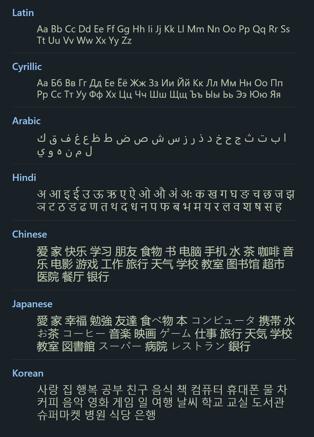 The Windows 11 system font displaying characters from different languages.