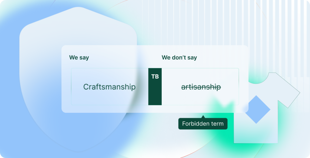 A user interface highlights Phrase TMS features that ensure brand consistency and tone of voice (TOV), including terminology management, quality checks, and reviewer feedback—designed to protect brand integrity across languages.