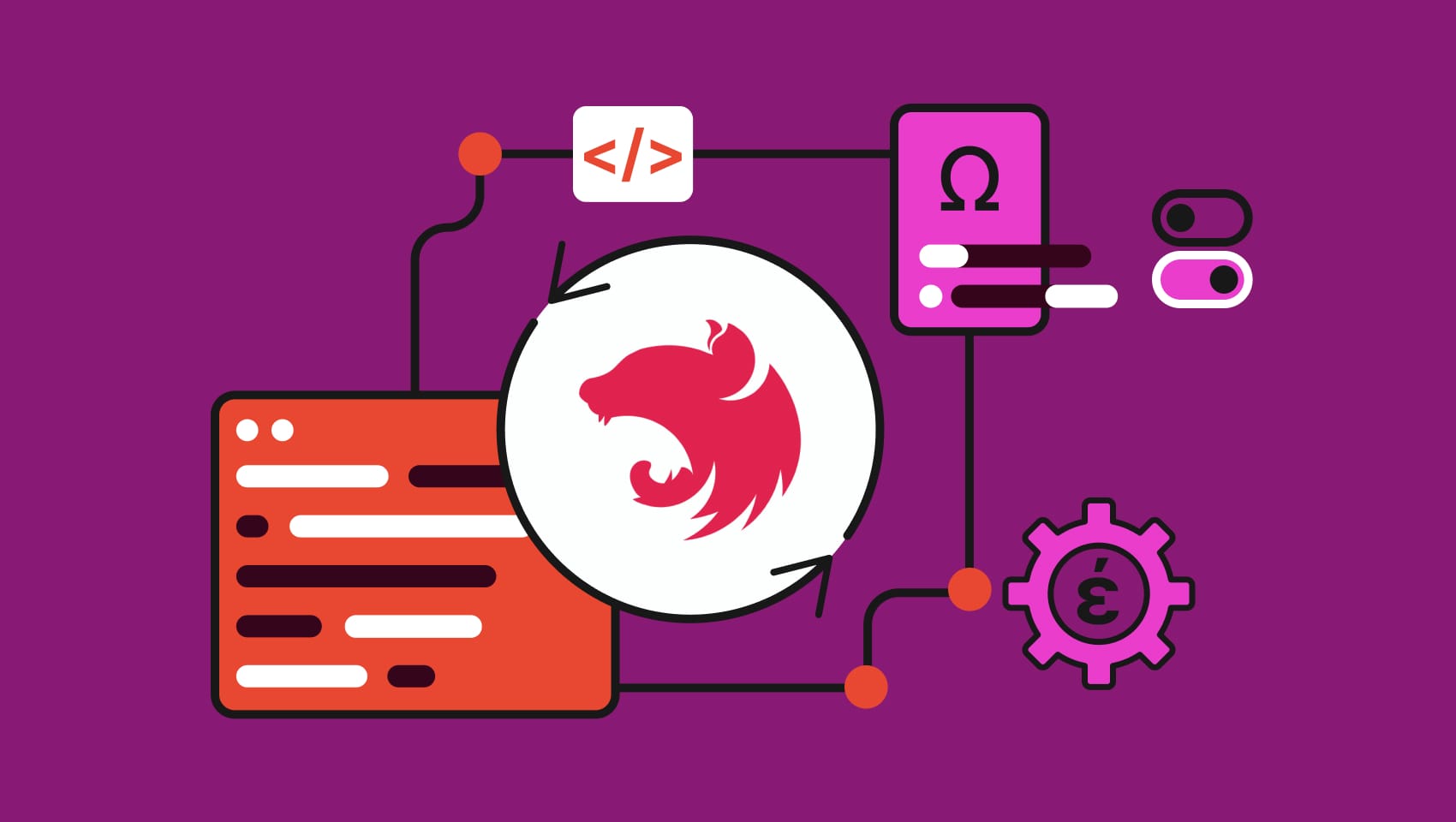 Illustration of the NestJS logo surrounded by various development-related icons on a purple background, symbolizing the integration of advanced localization features and development tools.