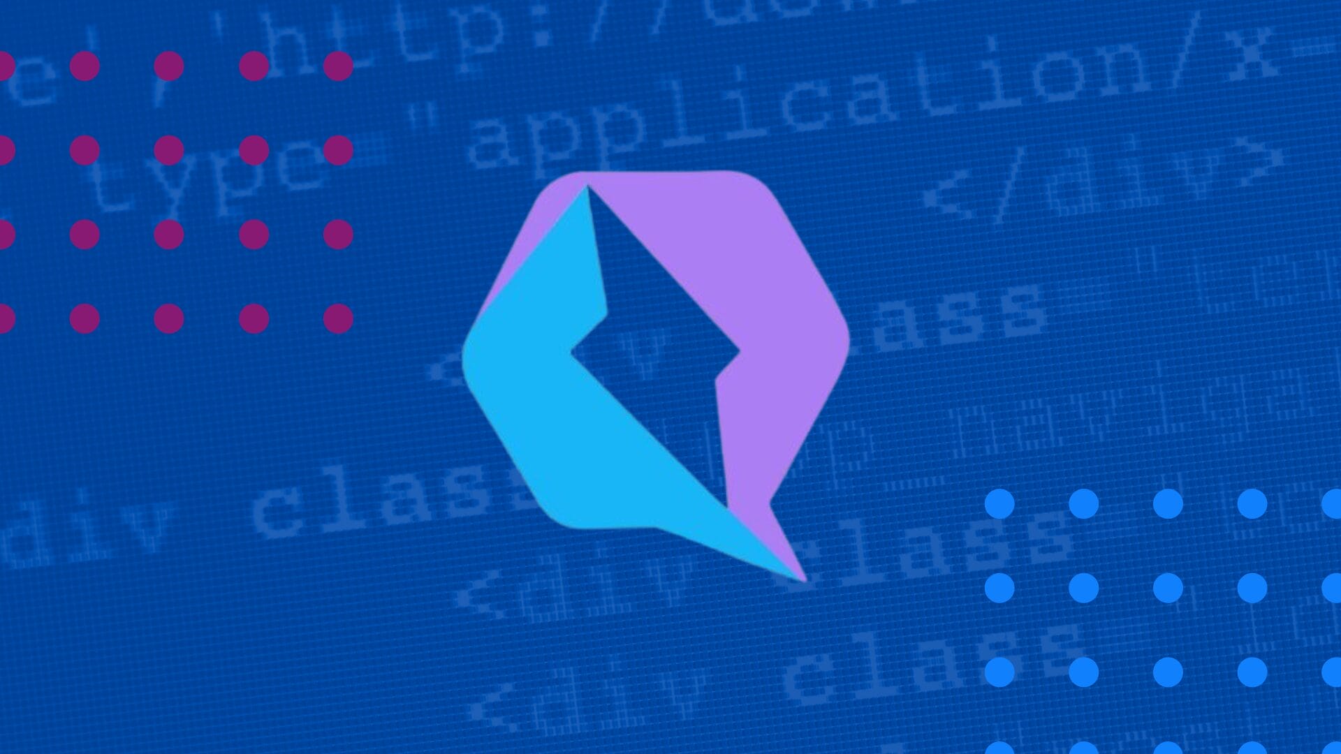 Qwik Speak logo on a blue background with HTML code snippets and decorative dots, representing the theme of localization in the context of Qwik application development