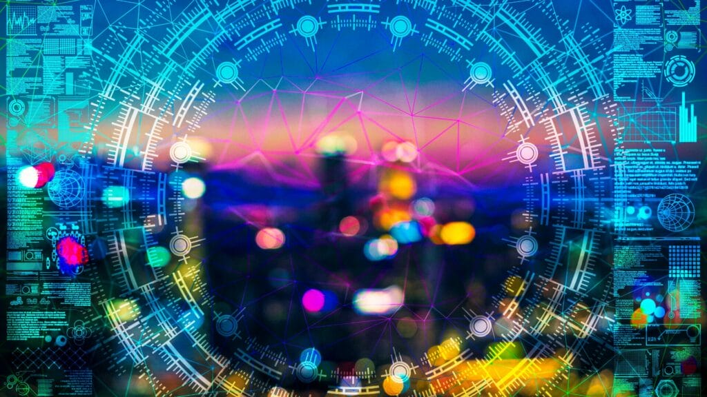 A vibrant, futuristic visualization showcasing a data-driven interface, with overlapping layers of digital metrics, charts, and symbols. The background features a cityscape at twilight, with blurred, multicolored lights, representing the dynamic fusion of AI technology and global business operations.