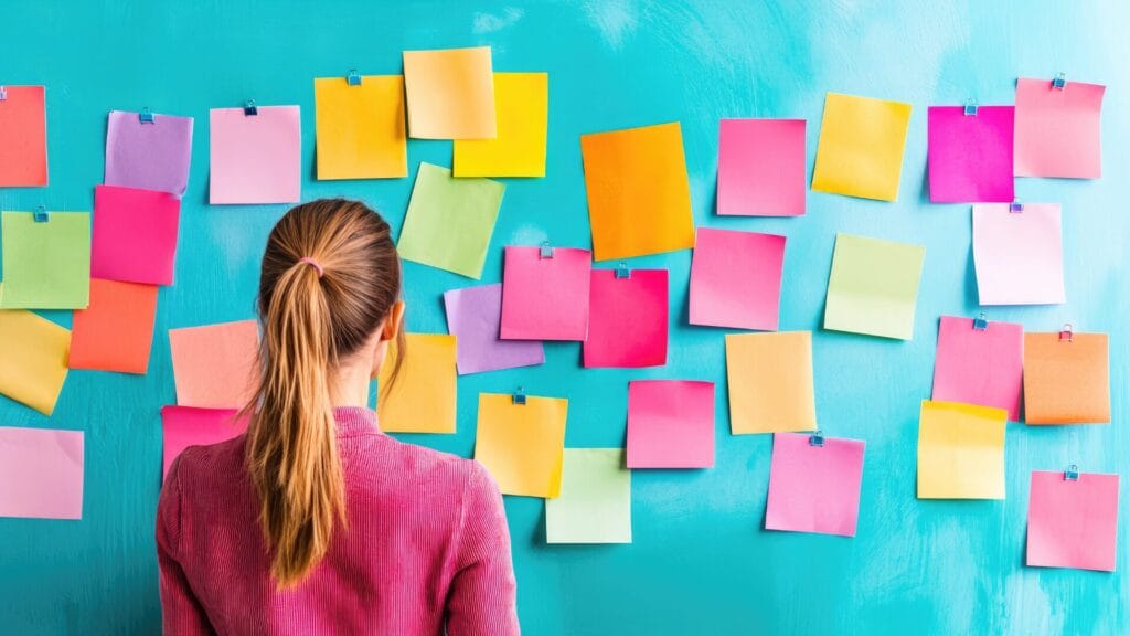 A woman in a pink sweater stands facing a turquoise wall filled with colorful sticky notes in various shades of pink, yellow, orange, and green, symbolizing planning, brainstorming, and forward-thinking ideas.