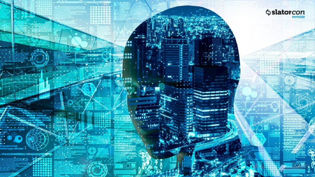 Silhouetted human head overlaid on a glowing cityscape with digital data and graphs, symbolizing the integration of AI, localization, and global technology systems.