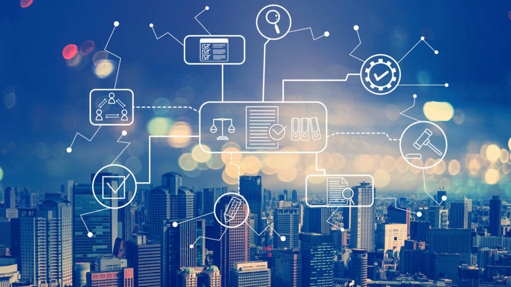 A digital illustration overlaying a city skyline with interconnected icons representing legal compliance, regulations, contracts, and governance. The image symbolizes the complexities of global compliance for technology businesses operating across multiple jurisdiction