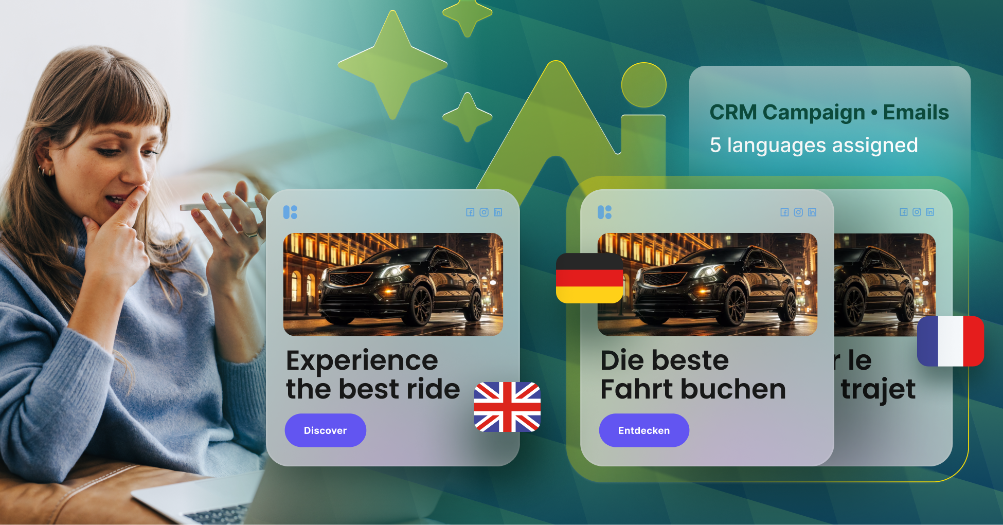 Illustration of AI-powered translation streamlining real-time communication for mobility platforms, featuring app interfaces and multilingual updates.