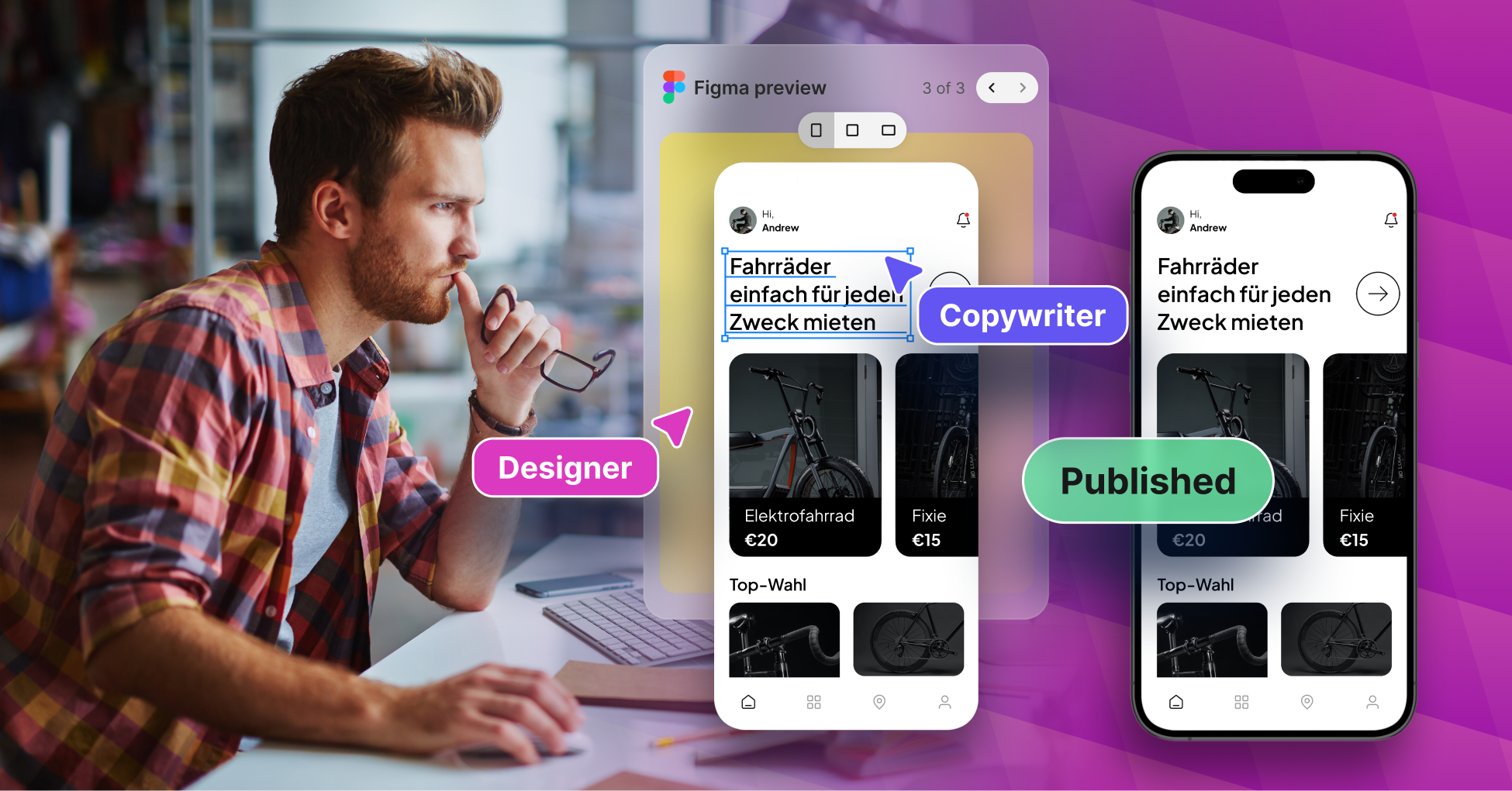 In-context editing with Phrase and Figma integration, showing real-time localization updates within a user interface design.