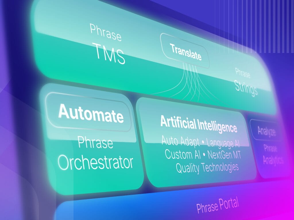 Abstract digital interface with interconnected localization tools and workflow icons, symbolizing a unified localization platform.