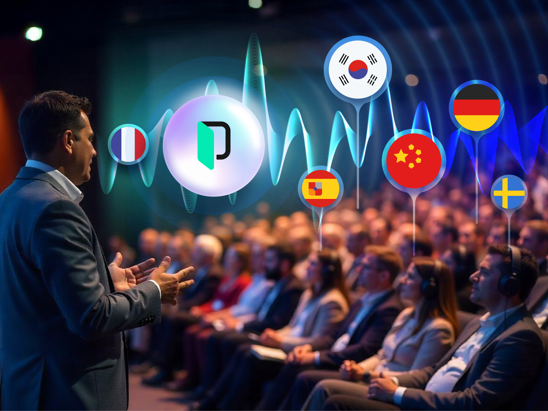 Illustration showing a microphone and transcription document, representing audio capture and automatic transcription capabilities.
