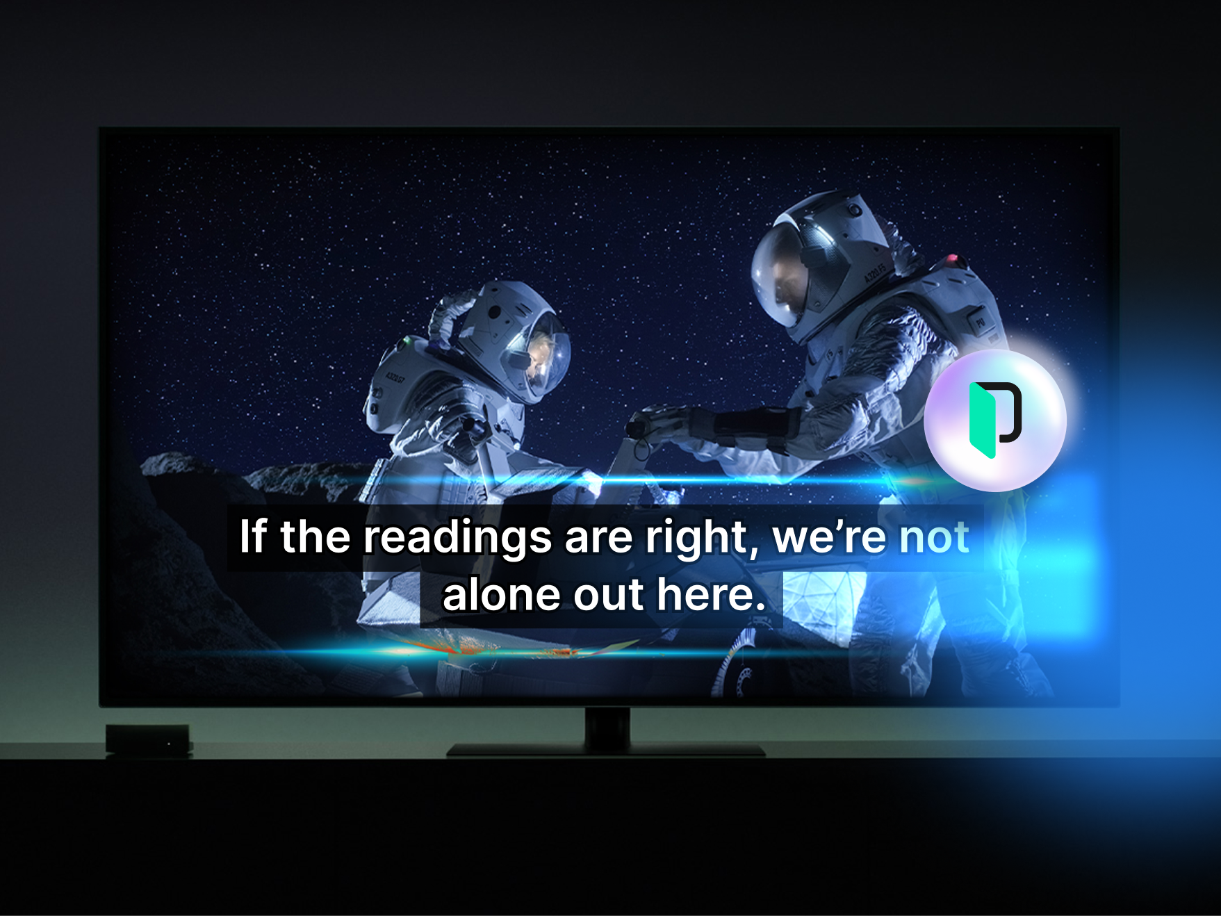 Illustration of a video player interface with subtitles, symbolizing translation and subtitling features for multimedia content