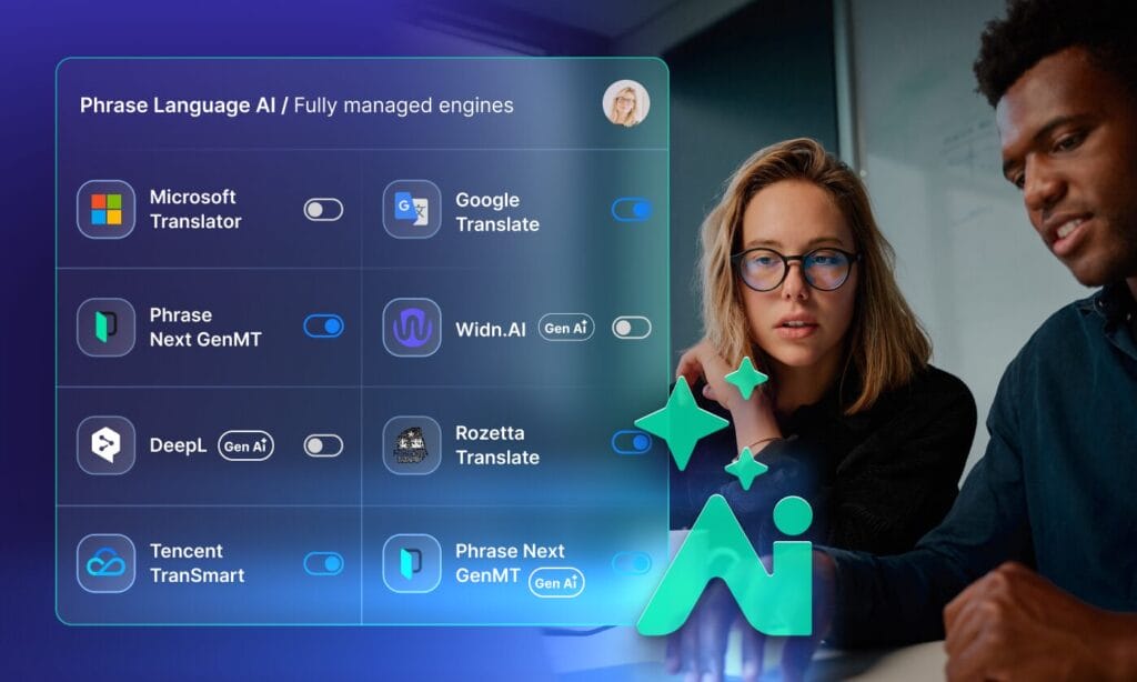 Graphic showcasing Phrase Language AI as a central hub connecting MT engines, AI agents, and quality workflows to enhance translation accuracy and efficiency.