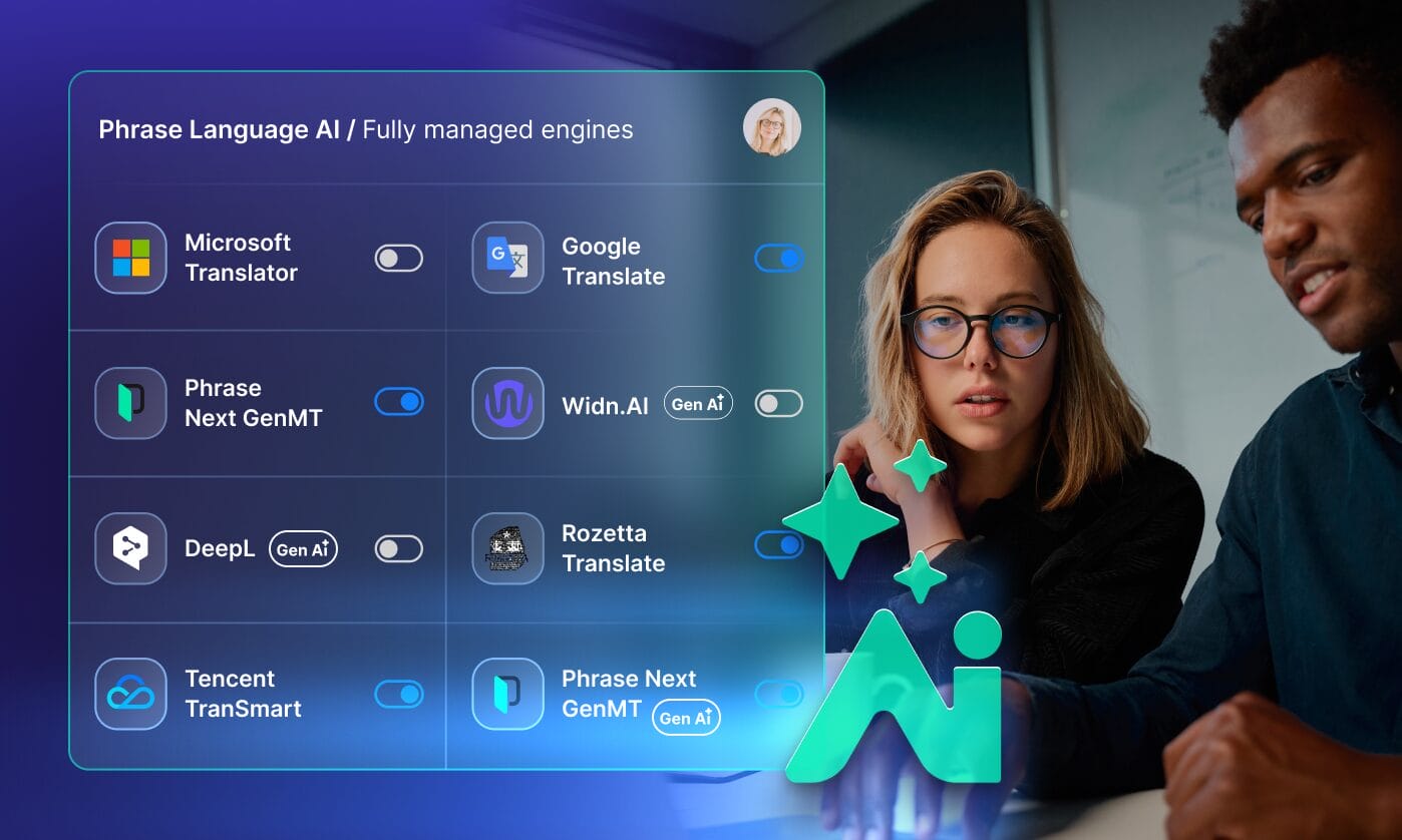 Graphic showcasing Phrase Language AI as a central hub connecting MT engines, AI agents, and quality workflows to enhance translation accuracy and efficiency.
