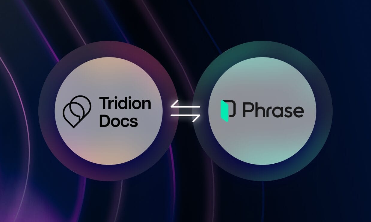 Integration illustration showing Phrase connected with Tridion Docs, featuring logos, content flow arrows, and document icons to represent streamlined localization of structured content.