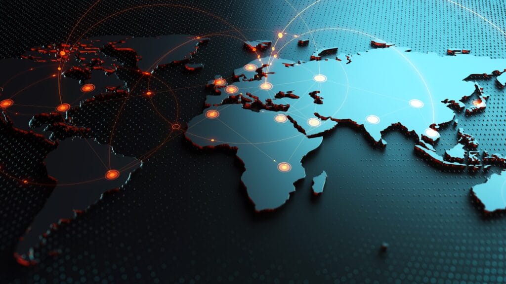 Digital map showing global connections and data nodes, representing AI-driven SaaS expansion across international markets.