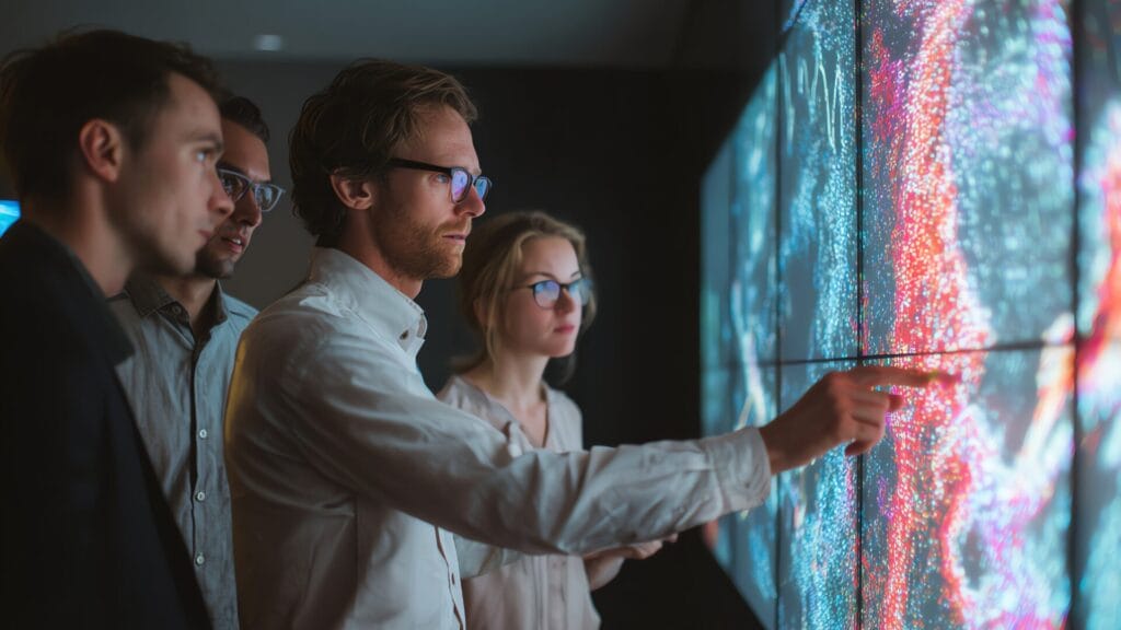 Team analyzing complex data on a large digital display, symbolizing collaboration, orchestration, and scalable global workflows.