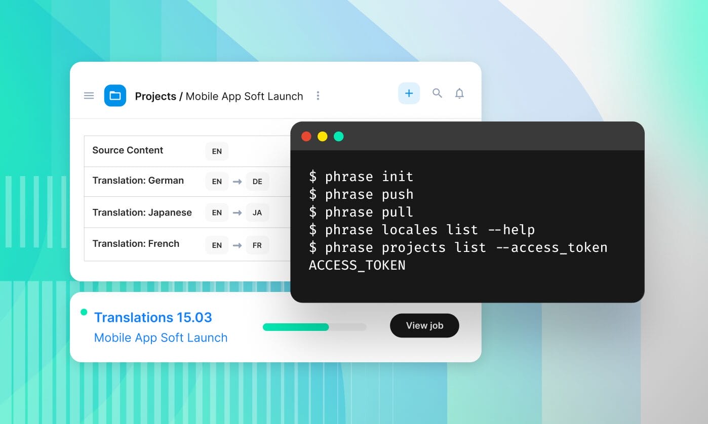 Phrase Strings command-line interface showing push, pull, init, and locale list commands for easy localization workflows.