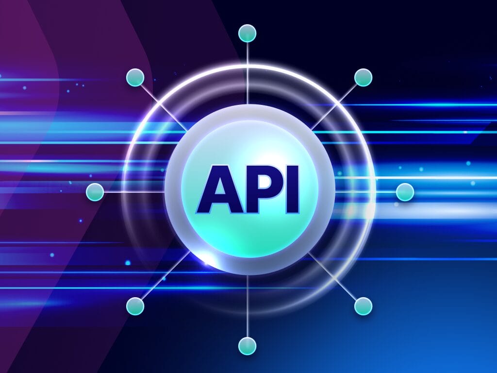 「API」とラベル付けされた中央の円と、接続されたノード、外向きに放射状に広がる光のストリークを示すスタイライズされたグラフィックで、リアルタイム納品と統合機能のサービスを表しています。