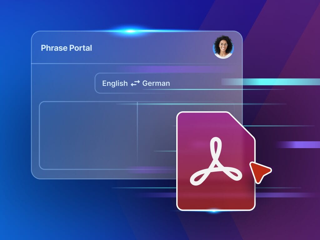 Graphic illustrating Phrase self-service machine translation (MT) workflow with users selecting languages and automated translations