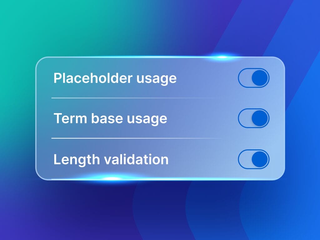 A graphic showing smart quality assurance (QA) checks, with icons and UI elements illustrating automated validation of translation and localization content within the Phrase platform.