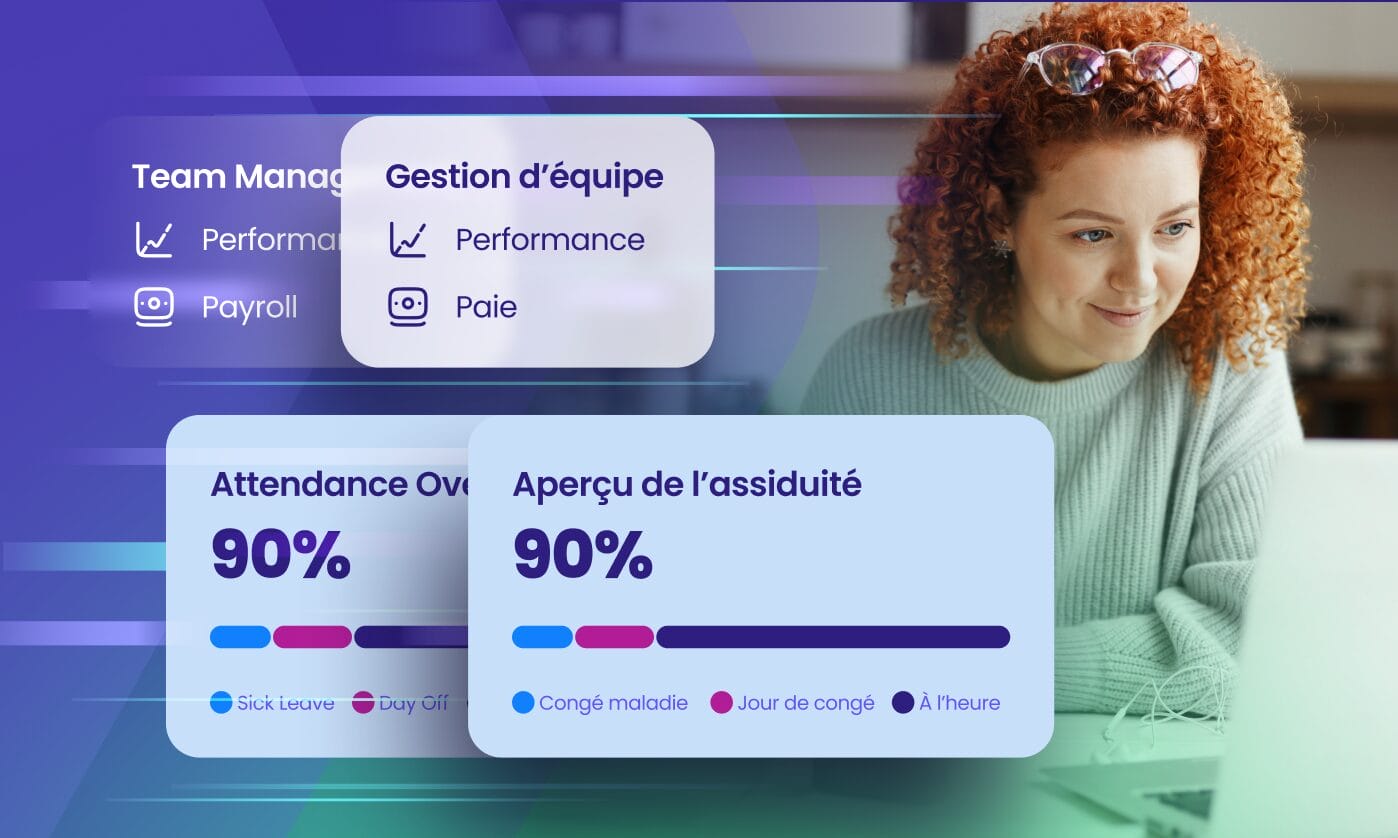 Illustration showing a woman working at a computer with multilingual software interface graphics, including French localization text and UI panels highlighting software localization features on Phrase’s platform