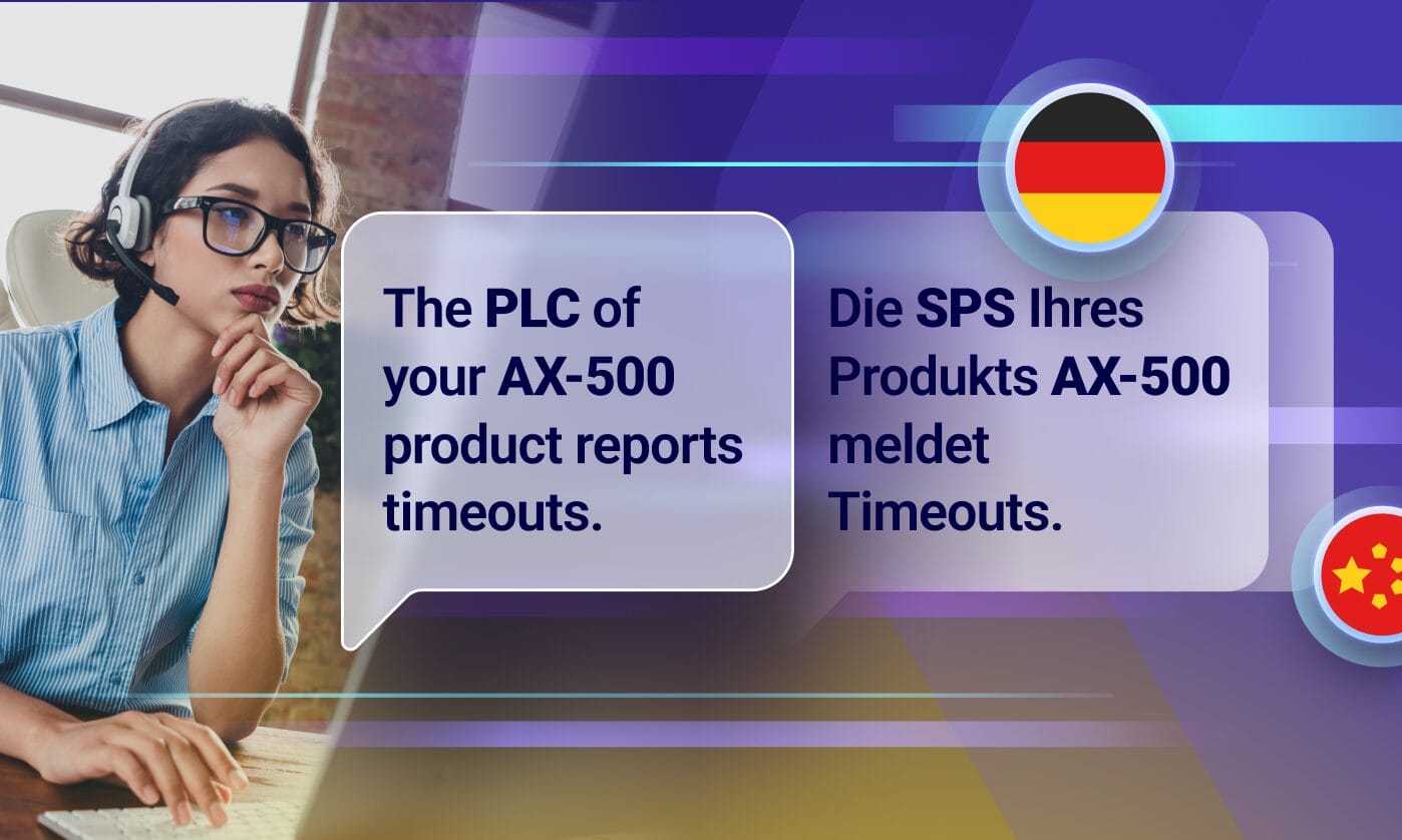 ヘッドセットを着用した人がコンピュータで作業している様子を示すグラフィックで、多言語翻訳グラフィックスが表示され、Phraseがグローバルなオーディエンスにサービスを提供し、異なる言語のコンテンツをサポートしていることを表しています。