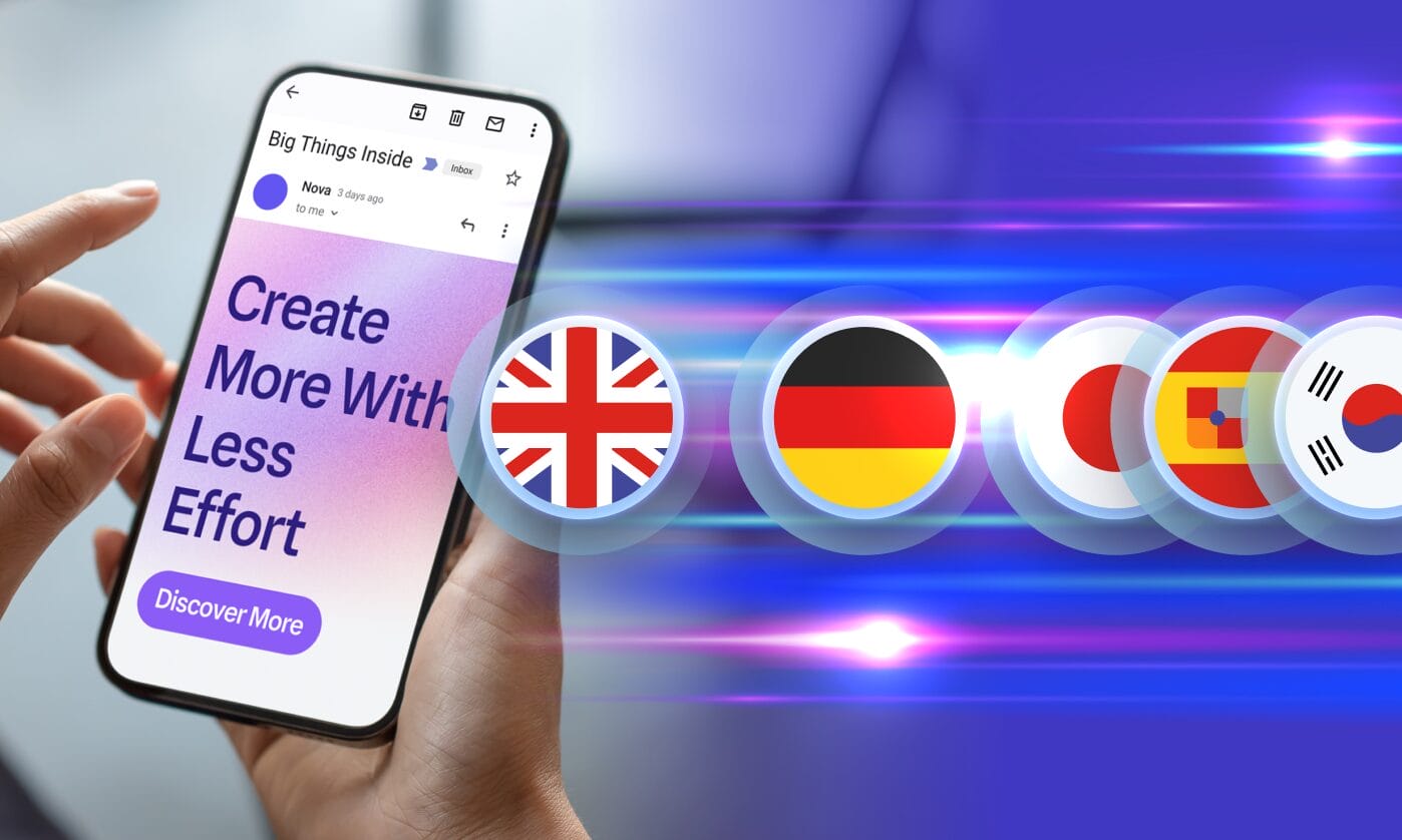 Mobile phone displaying a localized email with multiple international flags symbolizing the Phrase and Braze email localization integration.