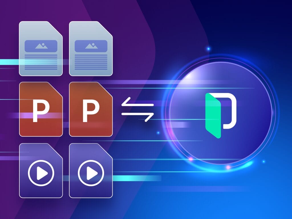 Graphic showing files including documents, presentations, and videos moving toward the Phrase logo, representing automated workflows and file processing.
