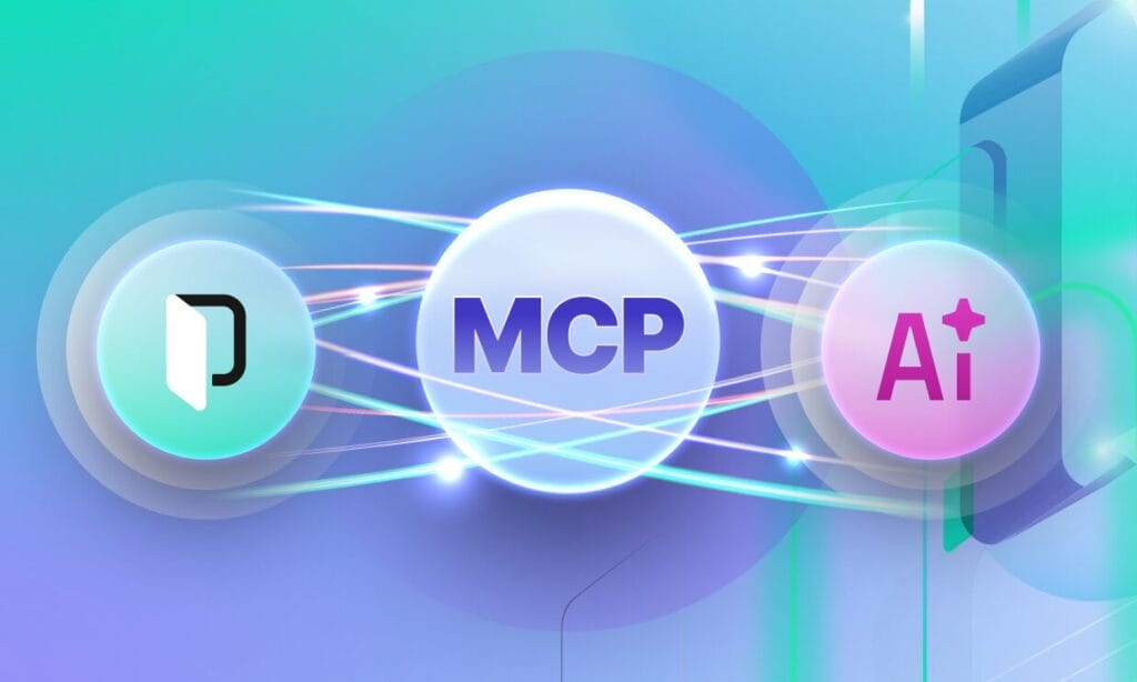 Graphic showing three circular icons connected by dynamic light trails on a soft teal-to-purple gradient background: on the left, the Phrase logo; in the center, a circle labeled “MCP”; and on the right, a circle labeled “AI+” — illustrating Phrase’s support for the Model Context Protocol (MCP) enabling seamless connections between Phrase and AI agents
