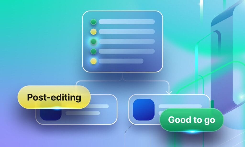 Graphic showing an AI-powered translation quality evaluation workflow: a central list of evaluated segments with status indicators flows into two labeled outcomes — “Post-editing” on the left and “Good to go” on the right — representing automated decisions on translation quality.