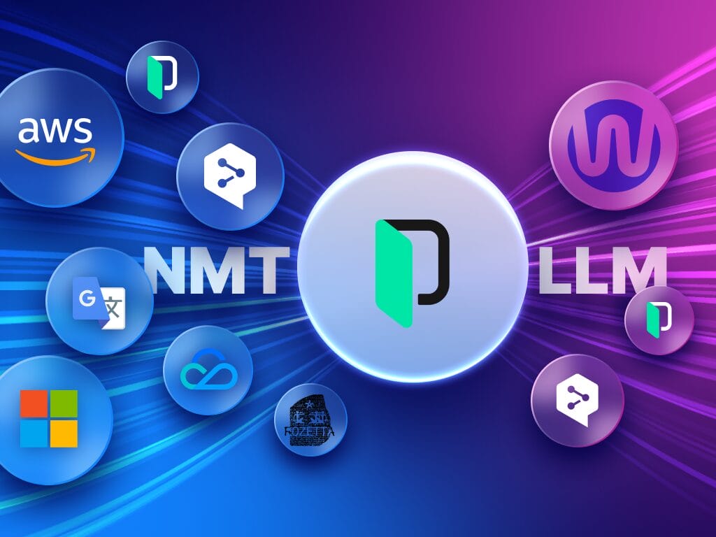 展示 Phrase Language AI 的插图,显示基于 AI 的翻译、引擎选择和跨多语言内容的自动质量评分