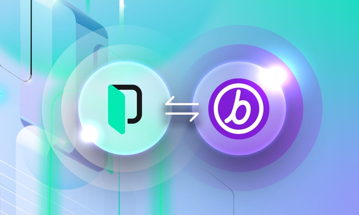 Graphic with the Phrase logo on the left and the Braze logo on the right, connected by a double-headed arrow on a gradient teal-to-purple background, illustrating the new integration between Phrase and the Braze customer engagement platform.
