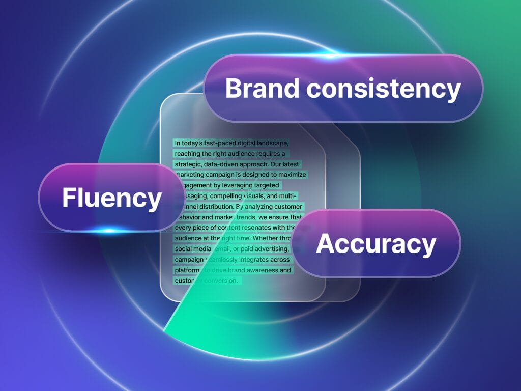 展示 Phrase Next GenMT 的插图,显示基于 AI 的、上下文感知的机器翻译,提供准确流畅的多语言内容。