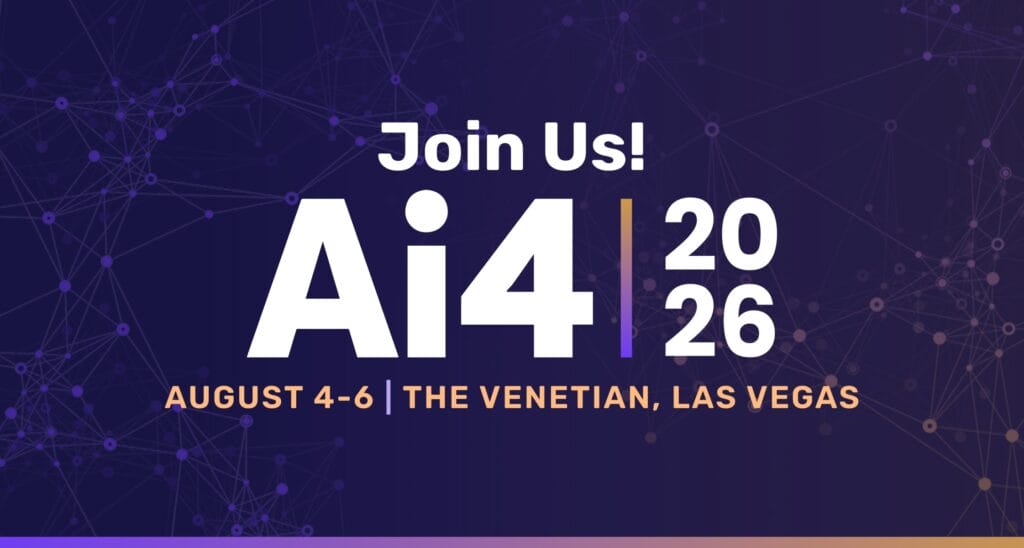 AI4 2026 conference promotional banner with purple network background, August 4-6 at The Venetian Las Vegas