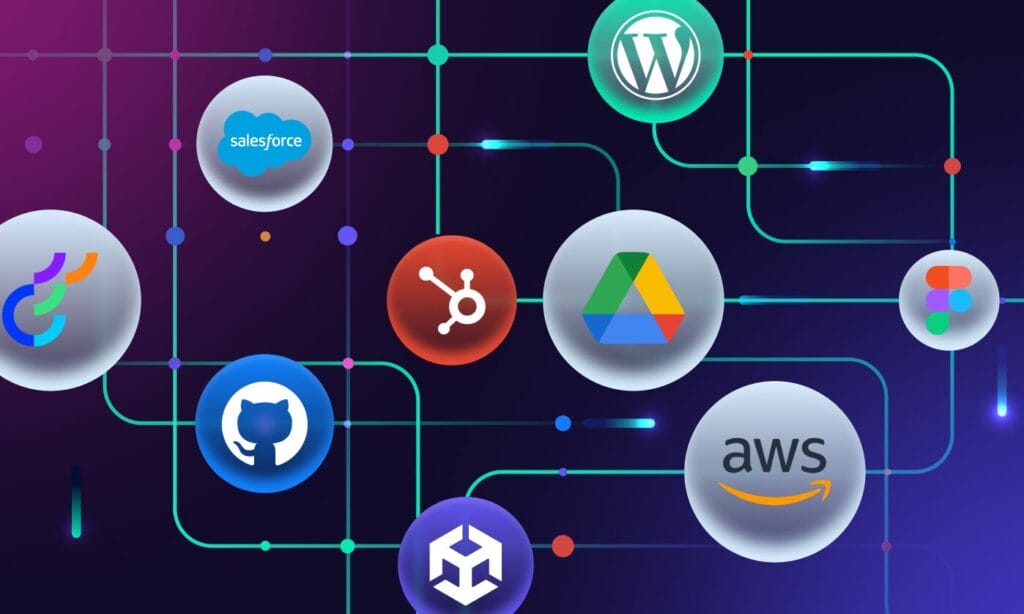 Illustration showing Phrase platform integrations connected by a network diagram, including WordPress, Salesforce, HubSpot, GitHub, Google Drive, AWS, Figma, and Unity.