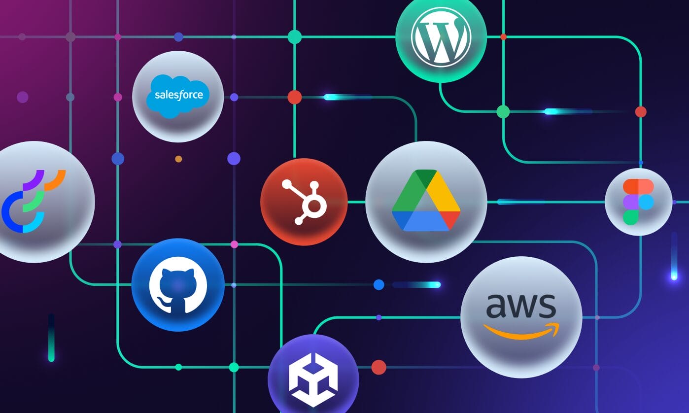 
Illustration showing Phrase platform integrations connected by a network diagram, including WordPress, Salesforce, HubSpot, GitHub, Google Drive, AWS, Figma, and Unity.