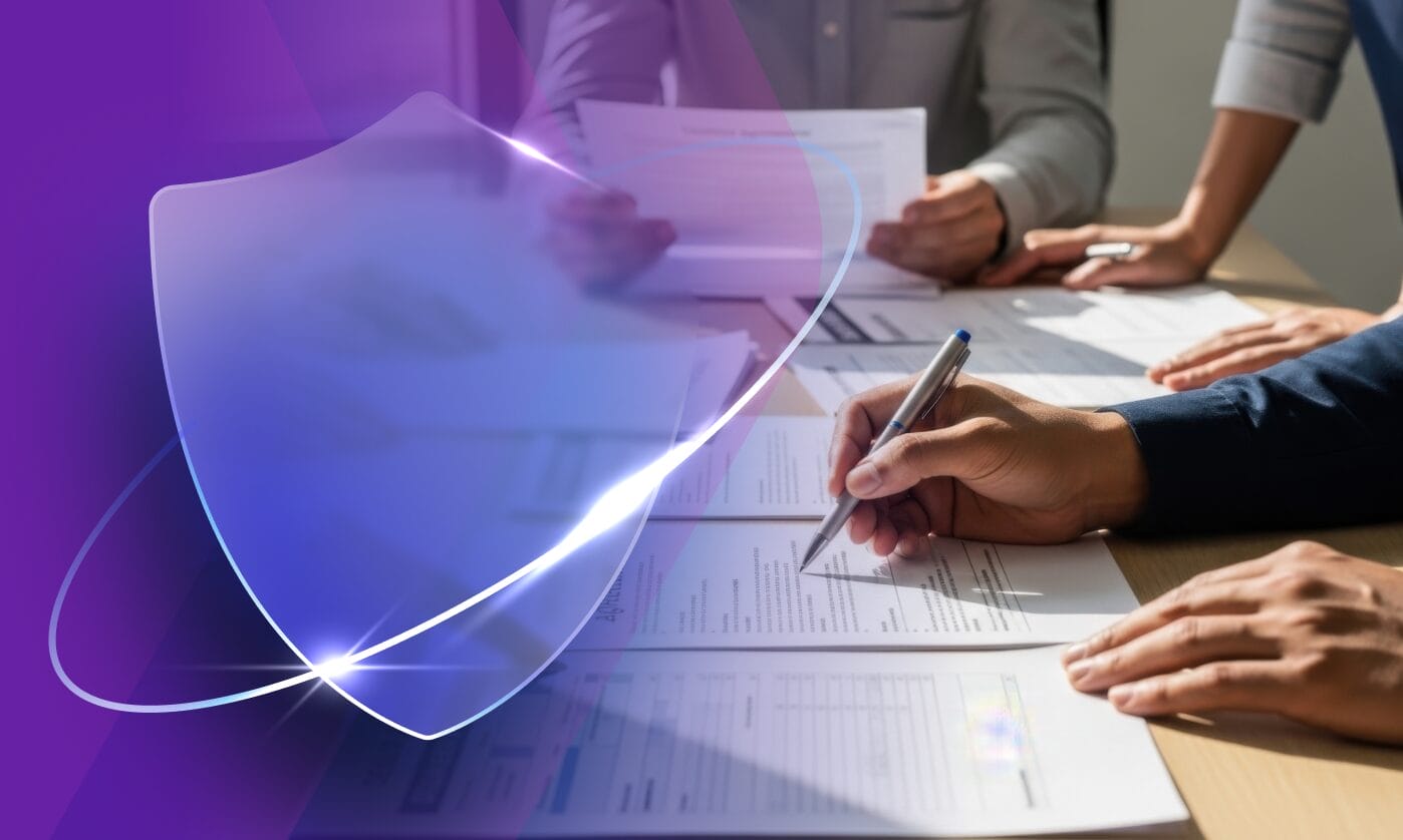 People signing legal documents alongside a security shield graphic, representing Phrase's secure and compliant translation workflows for legal and regulated content.