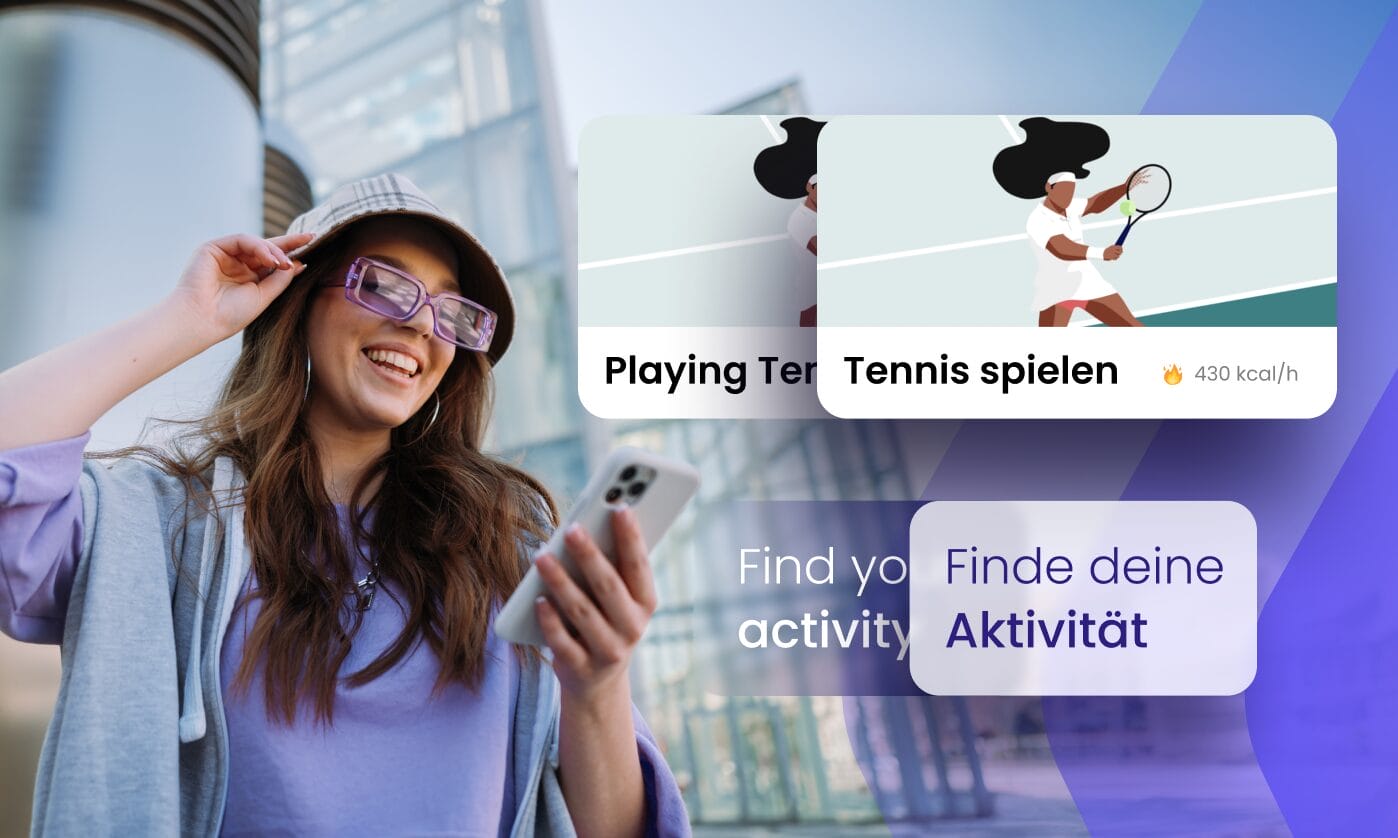 A fitness app UI localized from English to German, showing a "Playing Tennis" activity card translated as "Tennis spielen" alongside a woman using a smartphone, illustrating Phrase's mobile app localization capabilities.